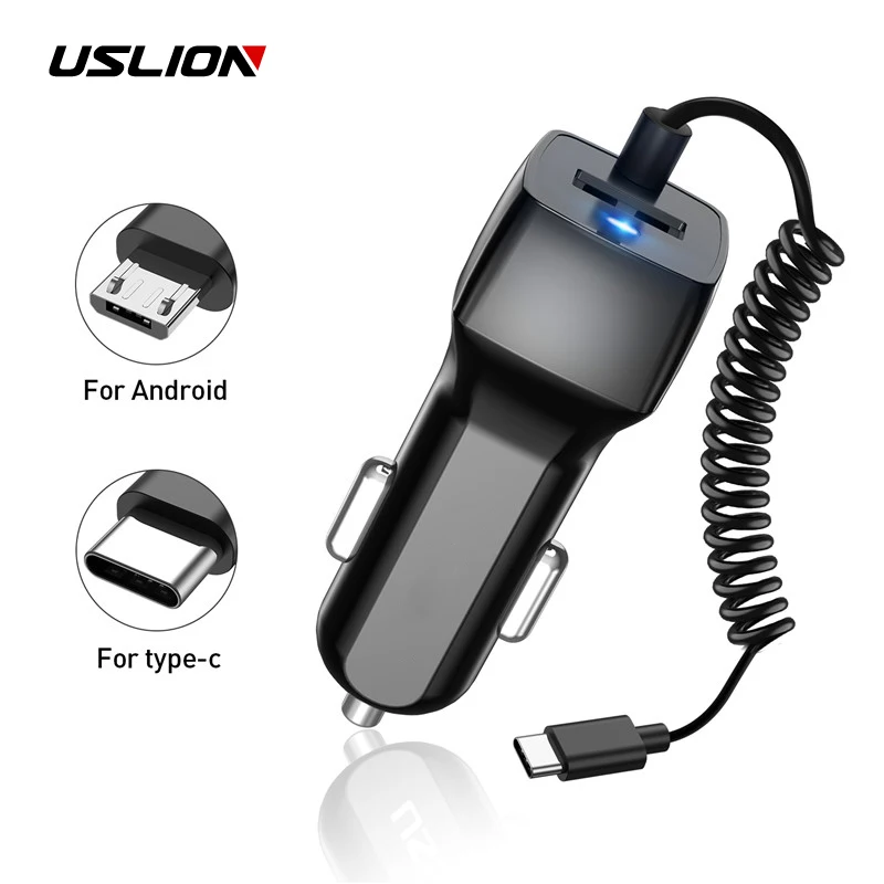 Автомобильное зарядное устройство USLION 24 В Mini USB с кабелем Micro Type C для Samsung S10 S9 Xiaomi