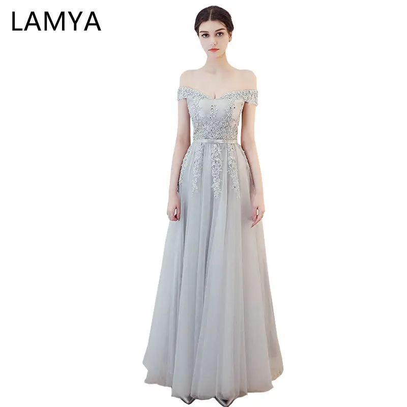 

LAMYA Princess Elegant Long Prom Dresses Vintage Lace Beading Boat Neck Gown Banquet Sexy Evening Party Dress Vestido de Festa