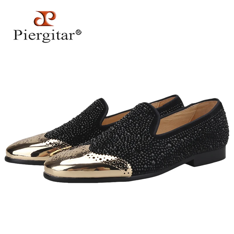 

Piergitar 2022 Black Cow Suede Men's Loafers Handmade Rhinestones And Metal Buckle Men's Smoking Slippers For Banquet Or Party