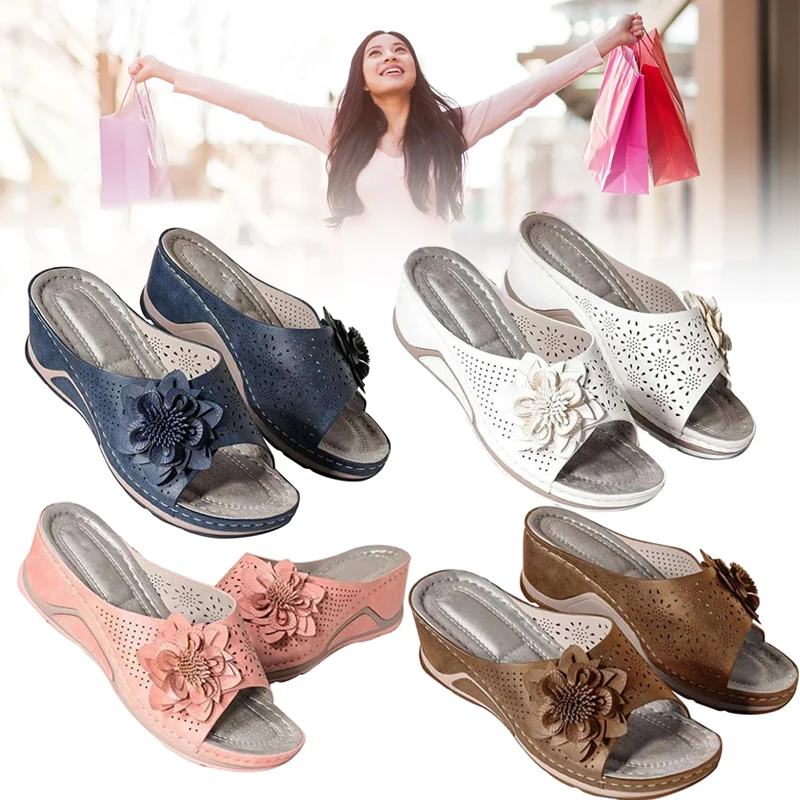 

Suede Leather Soft Footbed Orthopedic Arch-support Sandals Women Flower Hollow Design Summer Beach Shoes 2021