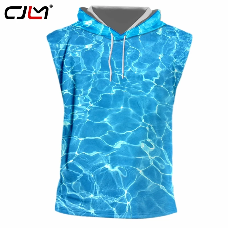 

CJLM Mens Hooded Tank Top 3D Printed Ocean Wave Vest Handsome Hip Hop Man Blue Water Cool