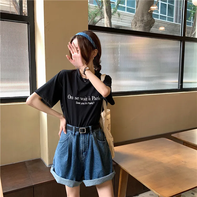 

CBAFU women summer denim shorts loose wide legs jeans curl edge loose high waist pockets casual shorts streetwear M530