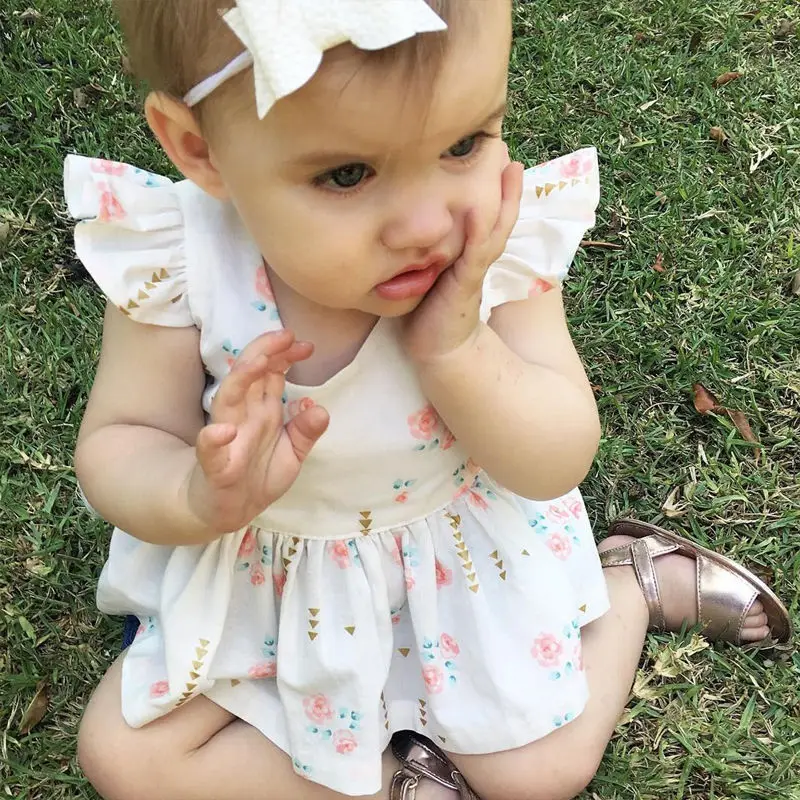 

0-24Months Toddler Baby Girls Dress , Flower Printed Fly Sleeve Round Collar Outfits White Princess Dress