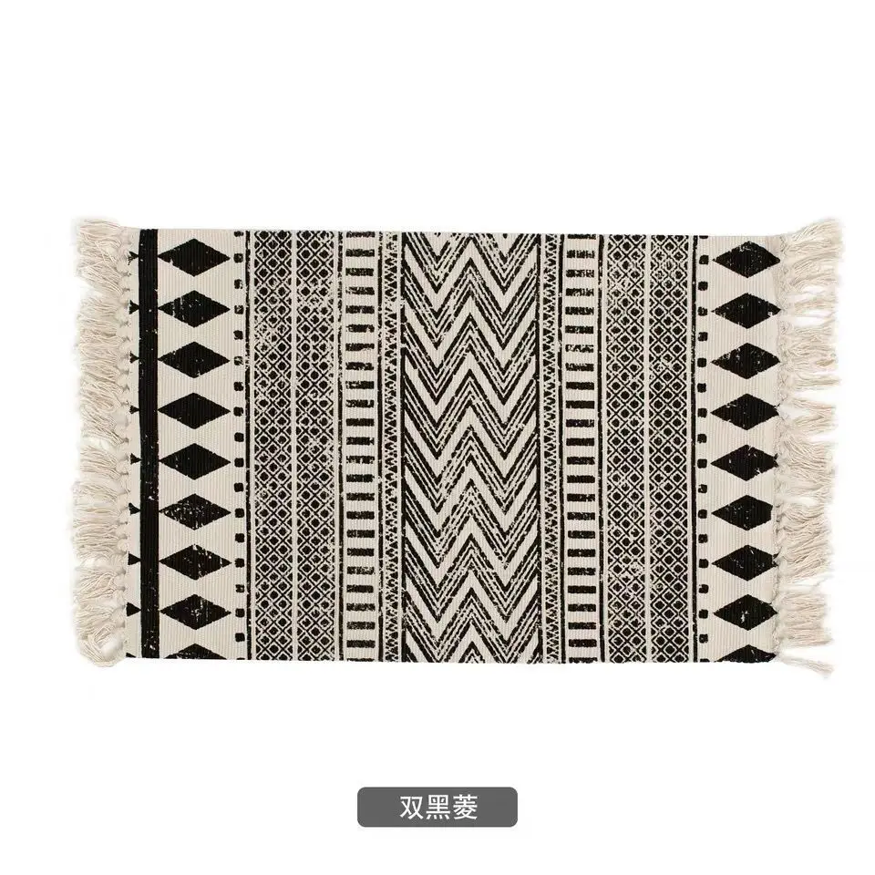 

Nordic Retro black carpet Morocco Geometric Cotton Linen Bedroom Living Room Floor mat Area Rug Lounge Hallway carpet Home Decor