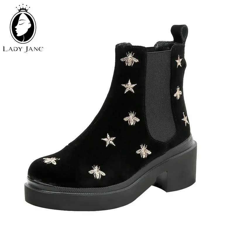 Новинка 2019 г. женские ботинки Челси с вышивкой ботильоны из коровьей кожи на