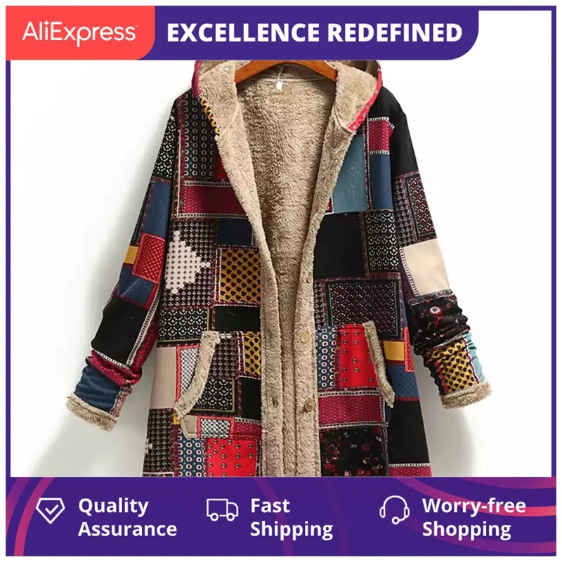 

Женское флисовое пальто с капюшоном, винтажное теплое длинное пальто с карманами, Свободное пальто с принтом, зима 2021