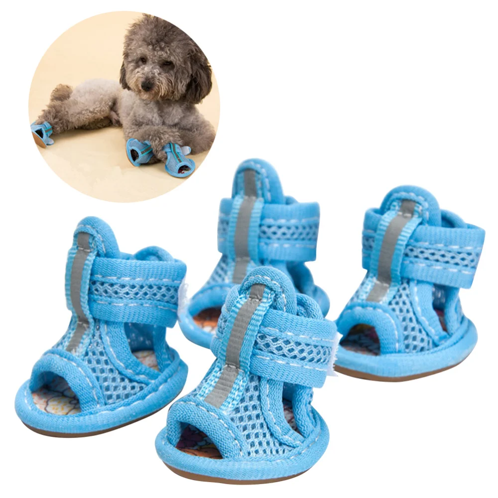 

4pcs Summer Breathable Pets Dog Boots Mesh Sandals Dog Shoes Anti-slip Sneakers Pet Supplies (Blue) - Size 1