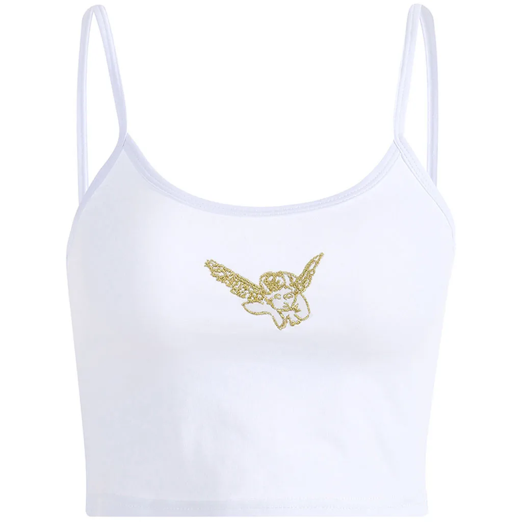 Sexy Tops Camis Women Fashion Angel Embroidery Sports Camisole Top Sweet Girls Lady Sleeveless Short Tank Streetwear Z0408 | Женская