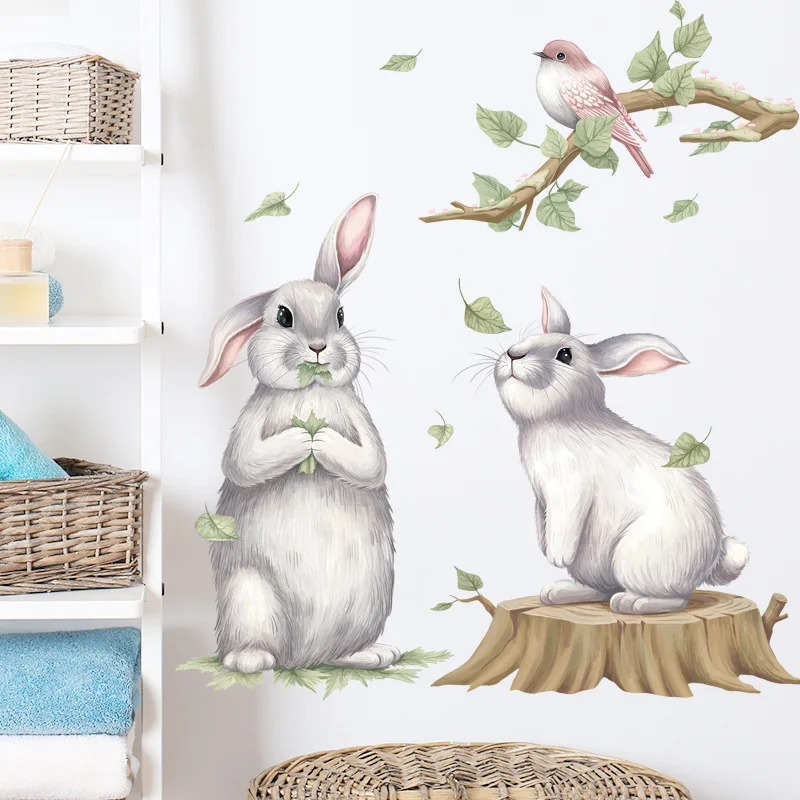 

2021 New Cute Wall Stickers Rabbit And Bird Wall Stickers Animal Self-adhesive Wallpaper Decorative Children's Room Wallpaper