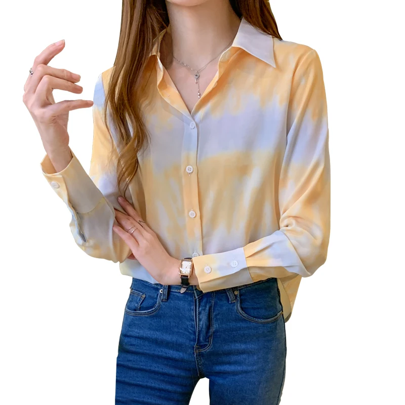 

2021 Autumn Long Sleeve Single Breasted Ladies Clothing Chiffon Blouses For Women Office Print Cardigan Women's Shirts 11372