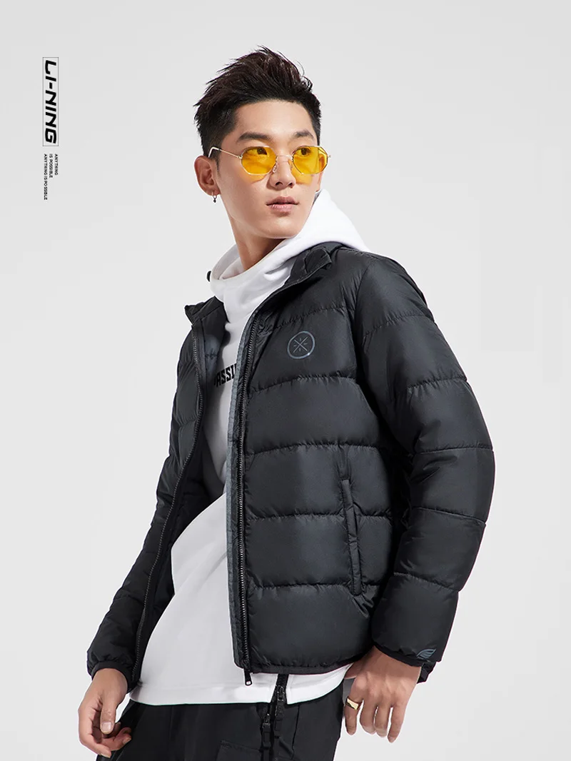Li-Ning, мужское короткое пуховое пальто серии Wade, 90%, серое, гусиный пух, теплое, полиэстер, облегающее, с подкладкой, для фитнеса, спортивное пальто AYMN065 MWY312