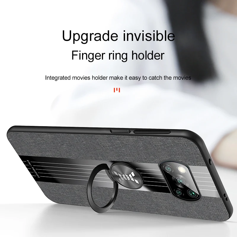 For POCO X3 Case Ring Holder Fabric Texture Hard Glossy Cover Soft Frame Cloth Phone Case For Xiaomi POCO X3 Pro NFC