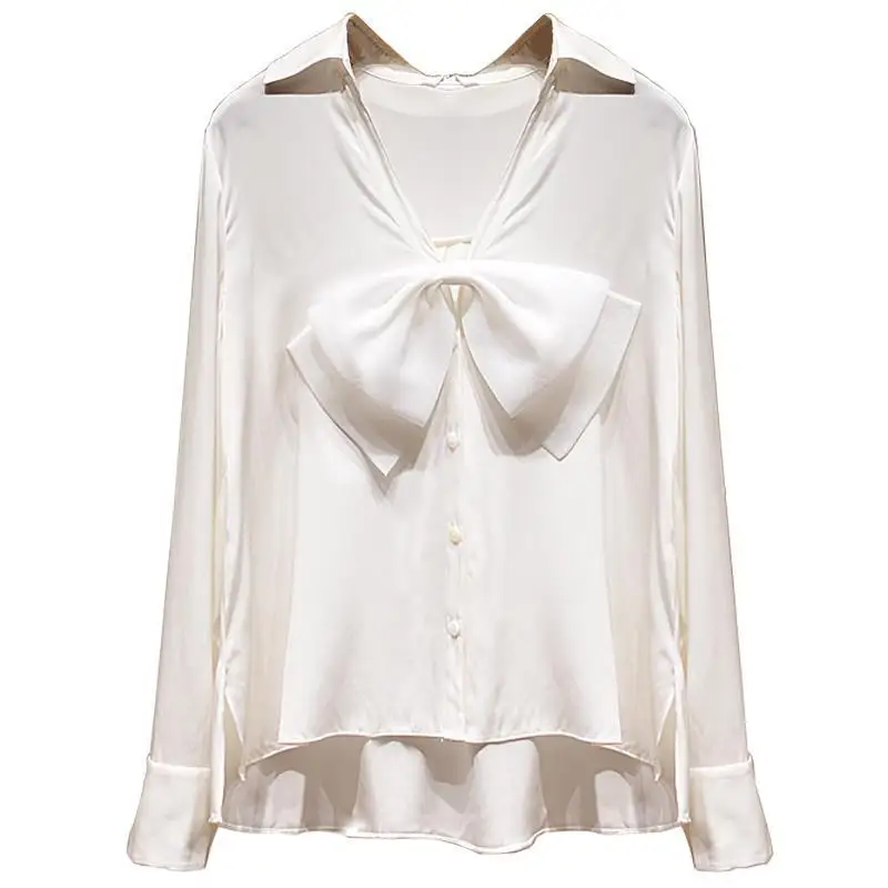 

2021 spring new V-neck top long sleeve bow tie white foreign style shirt