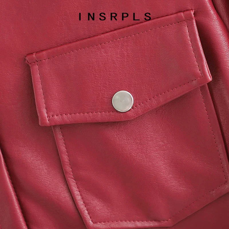 

INSRPLS Women Fashion With Belt Faux Leather Jacket Coat Vintage Long Sleeve Pockets Female Outerwear Chic Tops