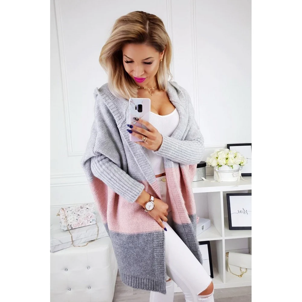 2019 осень Для женщин с капюшоном длинный кардиган свитер в полоску Цвет пальто