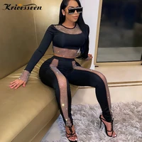 kricesseen sexy black diamond crystal 2 pieces pant set new women o neck top and long pants suit party clubwear matching set