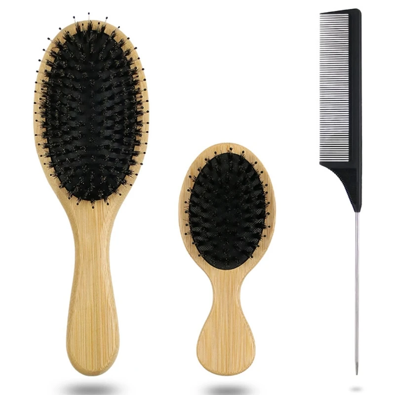 

K1KB 3pcs Bristle Hair Brush and Comb Set for Women Men Kids Bamboo Paddle Hairbrush Small Travel Styling Combs