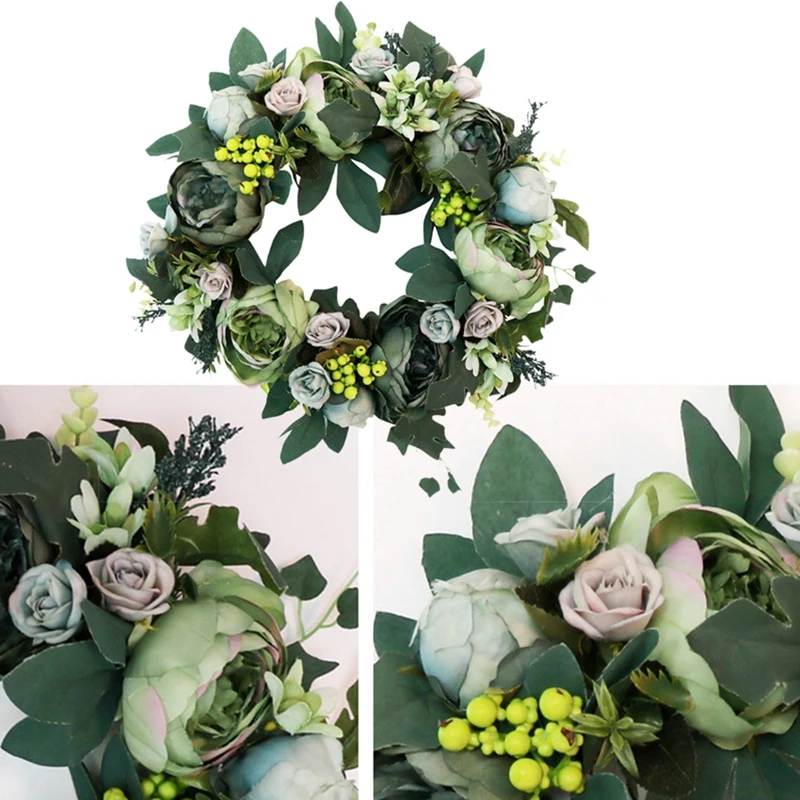Искусственный венок с пионами зеленый цветами и зелеными листьями для украшения