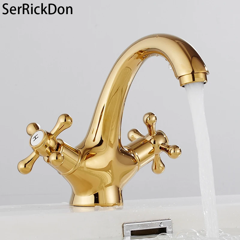

Curved Swan Golden Deck Mounted Bathroom Faucet Mixer Tap Double Handel Basin Faucet Hot Cold Water Faucet for Basin Tap