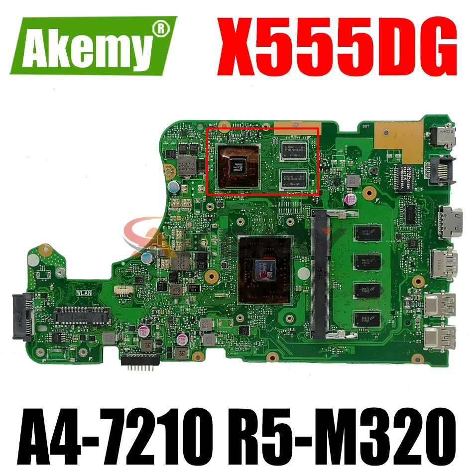 

AKEMY X555DG Laptop Motherboard For ASUS X555YI X555Y X555D Original Mainboard 4GB-RAM A4-7210 CPU R5-M320 2GB