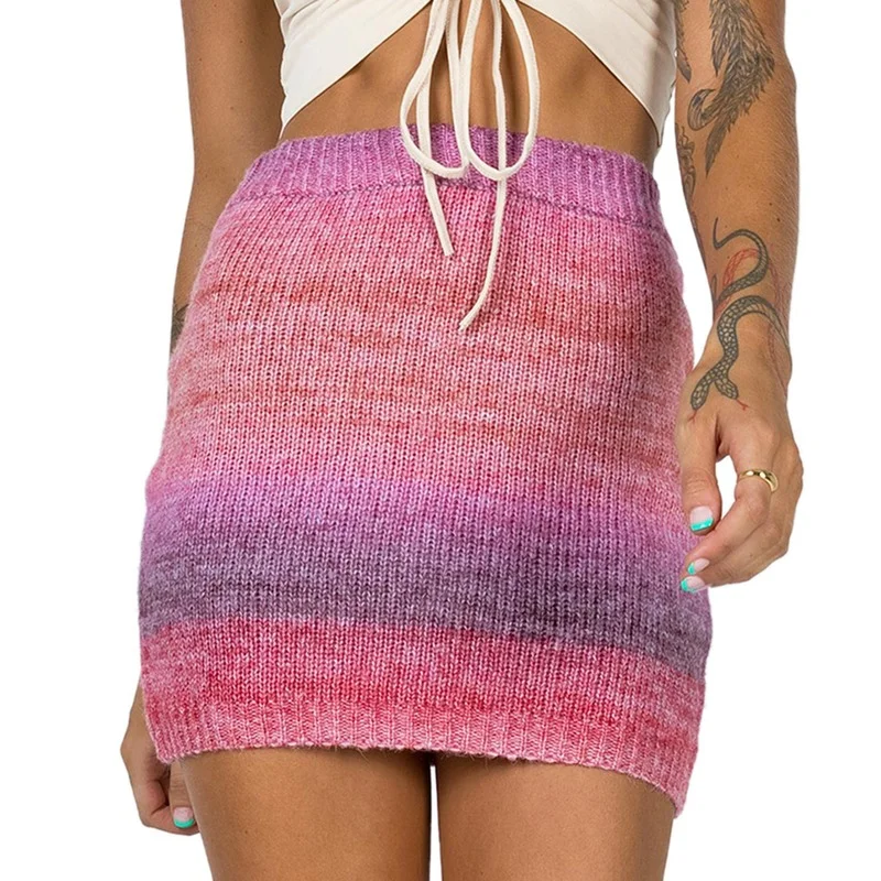 

Women Patchwork Thin Slim Temperament High Waist A-line Skirt 2021 Summer New Sexy Gradient Rainbow Color Skirts Female OL Style