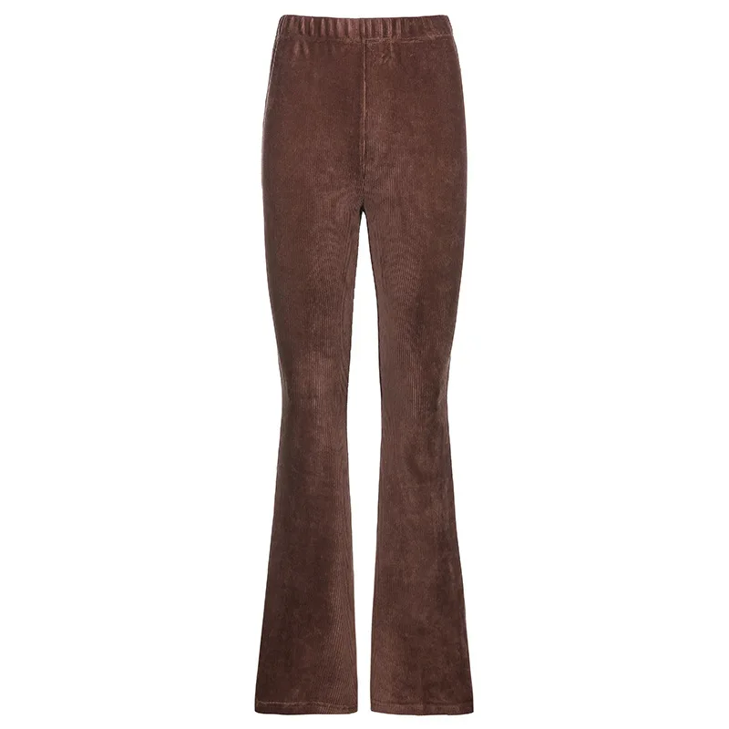 

Women Solid Color High Waist Elastic Long Pants Corduroy Slim Flare Trousers
