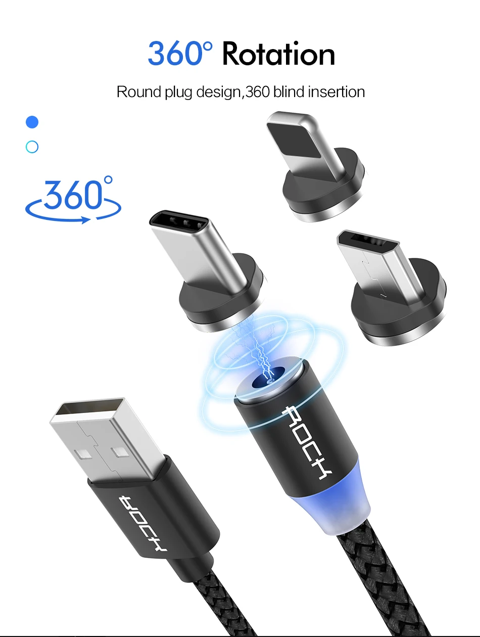 Магнитный кабель ROCK для быстрой зарядки с разъемом type-C Micro Usb для быстрой зарядки Usb C светодиодный светильник для iPhone Xiaomi huawei Phone 1 м магнитное зарядное устройство