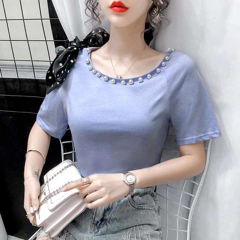 

Blusas однотонная одежда для детей с круглым вырезом Для женщин топы, блузки летние свободные рубашки Для женщин 2021 с короткими рукавами в Коре...