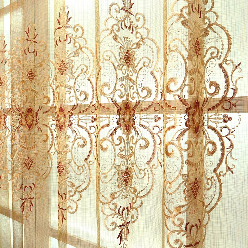 

1set European luxury brown curtains voile embroidery sheer tulle for living room bedroom windows valance