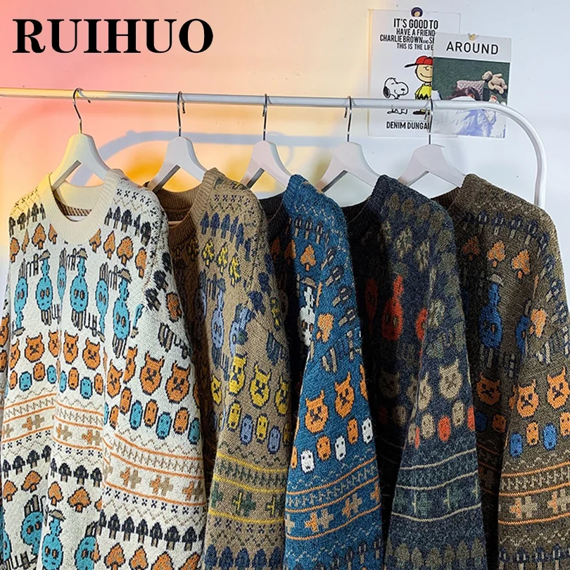 RUIHUO Knitted Sweater Men Clothing Harajuku Fashion Mens Sweaters Pullovers Retro Clothes Knitwear 2XL 2022 New Arrivals | Мужская