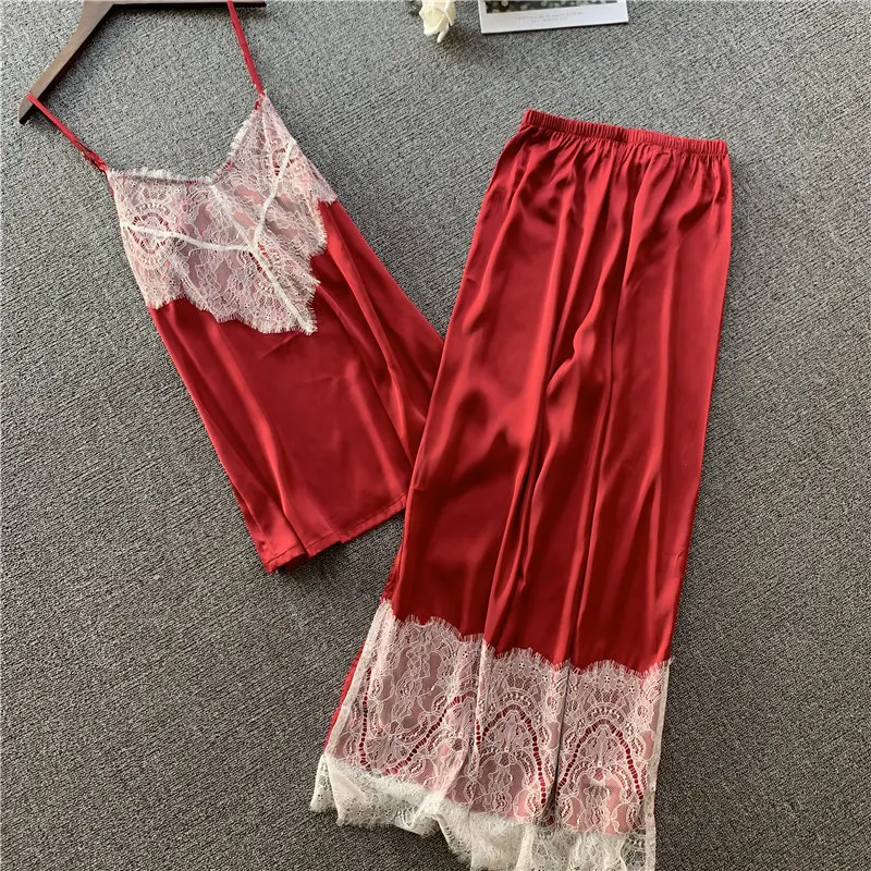 2020 Женская атласная шелковая пижама 2 штуки Сексуальная кружевная Пижама для сна