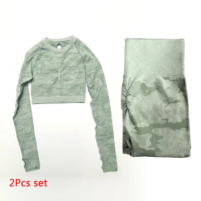 Green 2pcs set 2 шт., камуфляжный бесшовный комплект для йоги, женская одежда для фитнеса, спортивная одежда, укороченные топы с длинными рукавами+ леггинсы с высокой талией, спортивные костюмы для спортзала - Цвет: Green 2pcs set