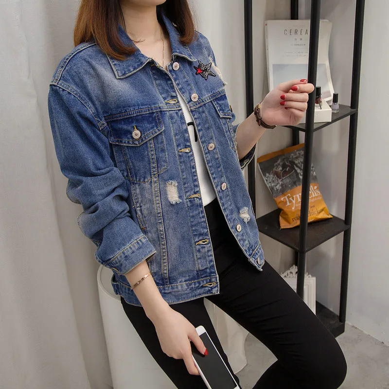 Женская джинсовая куртка с вышивкой свободная Повседневная куртка-бомбер