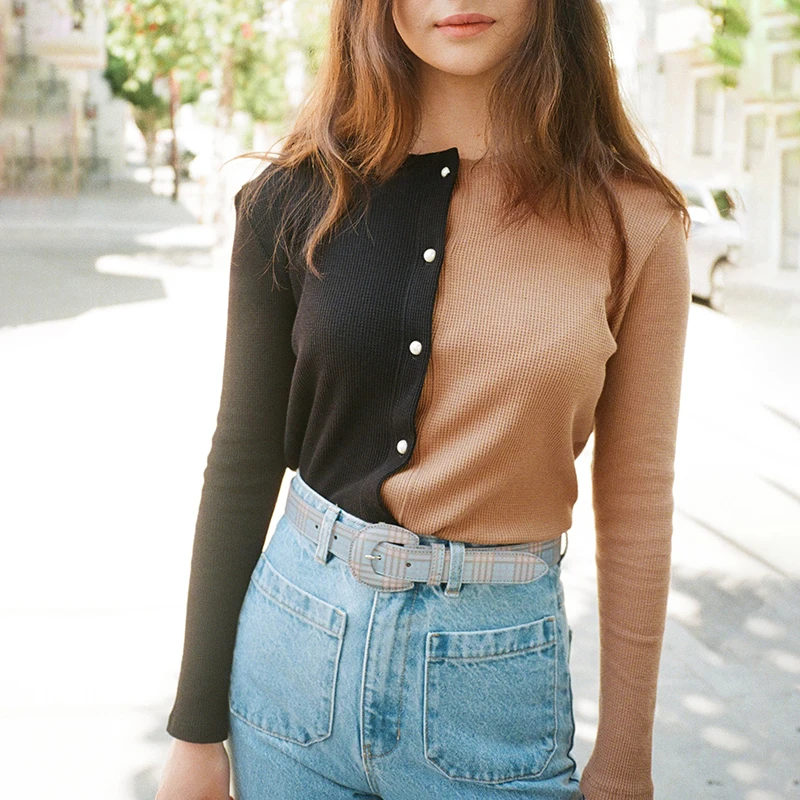 

Linglewei New Spring and Summer Women's Shirt Color collision Button knitting Long sleeves O-neck Bottoming shirt