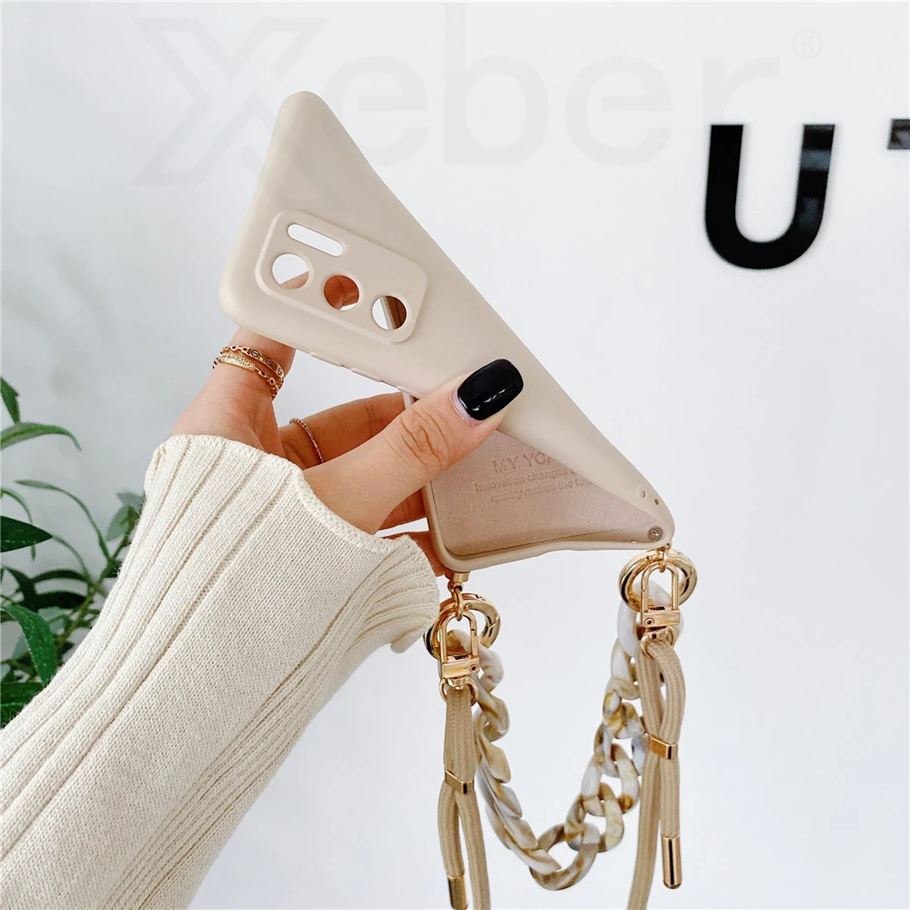 Модный чехол для телефона с мраморной цепочкой и ремешком через плечо Huawei P50 P40 Pro