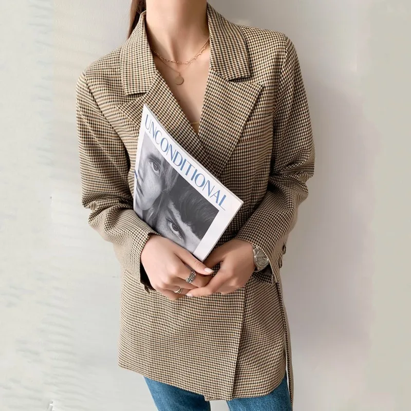 

Office Ladies Plaid Suit Jacket Vintage Double Breasted Blazers Sashes Loose Casual Coat 2021 Spring Outerwear Women Blazer Tops