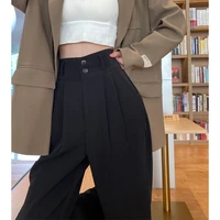 qweek classic casual black wide leg pants women office lady high waist button trousers female oversize autumn elegant palazoo