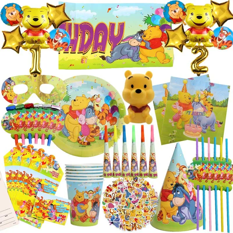 

New Winnie the Pooh Kid Birthday Party Decor Disposable Tableware Cup Straw Tablecloth Baby Shower Girl Faovr Balloon Supplies