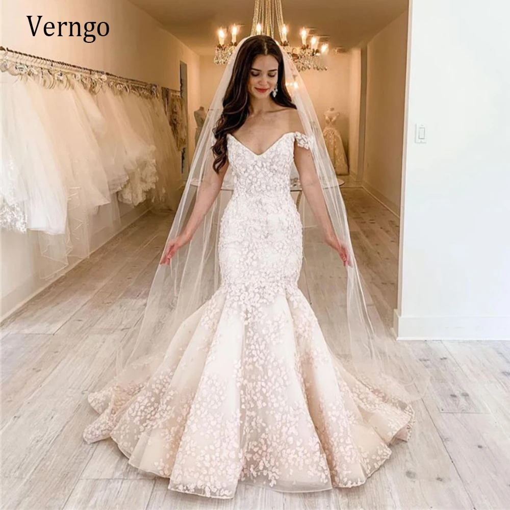 

Verngo Sexy Off the Shoulder Full Lace Floral Wedding Dresses Mermaid Short Sleeves Sweep Train Bridal Gowns With Free Veil