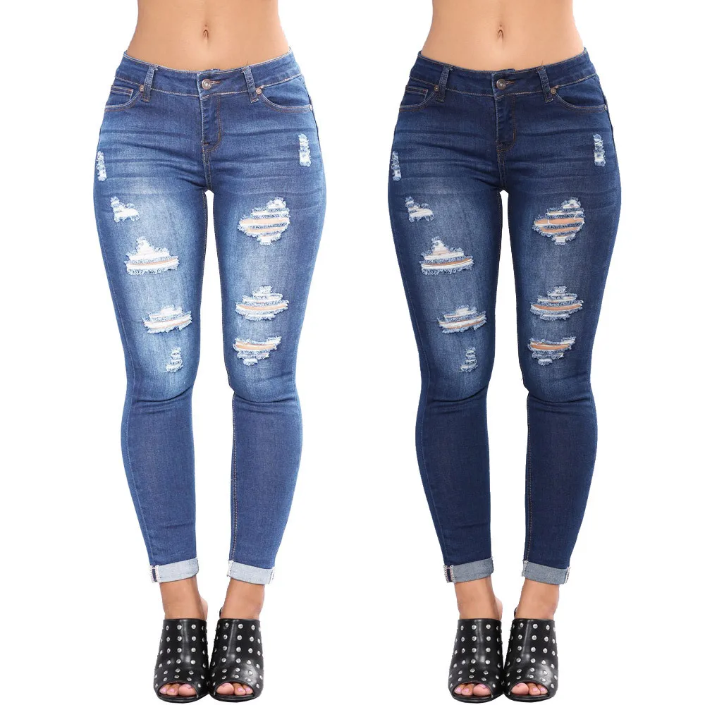 

Women Sexy Bodycon Jeans Spring Women High Waist Slim Fit Ripped Hole Denim Pencil Pants