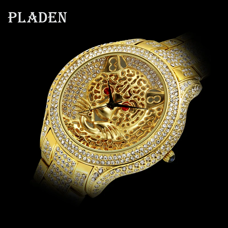 

Dropshipping 2020 PLADEN Tiger Watch Red Gemstone Eye Terror Gold Men Watches Luxury Brand Full Paved Slim Stones Watch With Box
