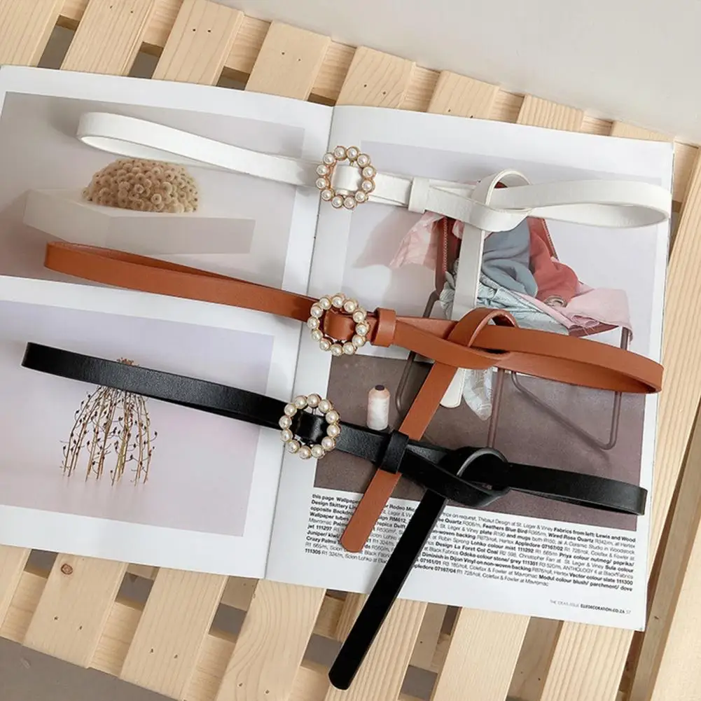 

Women's belt Simple Casual Ladies Pearl Round buckle Soft Surface Imitation Leather Thin Belt with Skirt