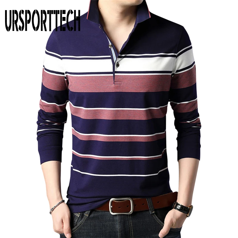 URSPORTTECH Мужская рубашка поло брендовая полосатая с длинным рукавом корейская мода
