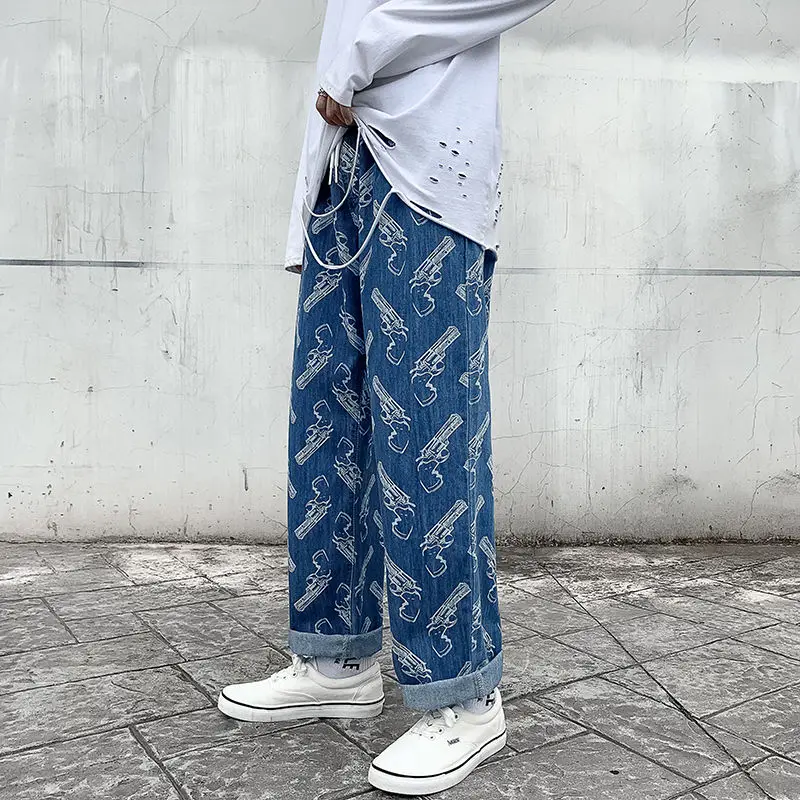 

2020 Men's Cargo Pocket Wide Leg Pants Baggy Homme Loose Jeans Printing Casual Pants Biker Denim Trousers Large Size M-5XL