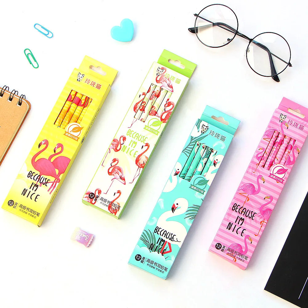 12Pcs/Set Cute Kawaii Cartoon Flamingo Pencil HB Sketch Items Drawing Stationery Student School Office Supplies for Kids Gift | Канцтовары