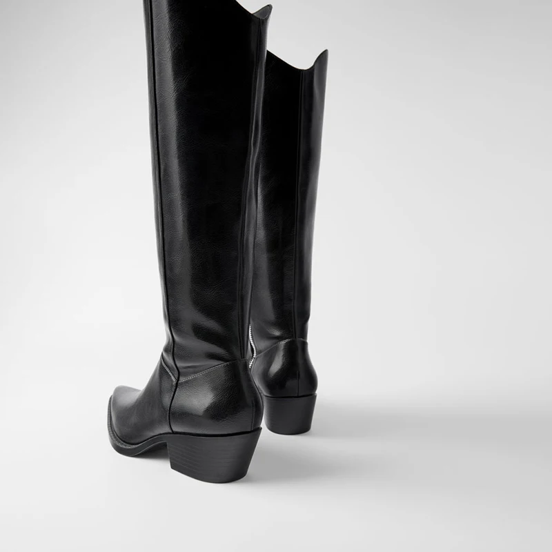 Женские ковбойские ботинки с острым носком черные дизайнерские до колена в