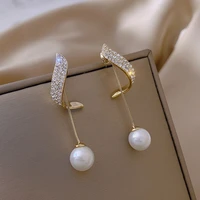 classic elegant simulated pearl tassel long crystal dangle earrings for korean fashion women water drop zircon party jewelry