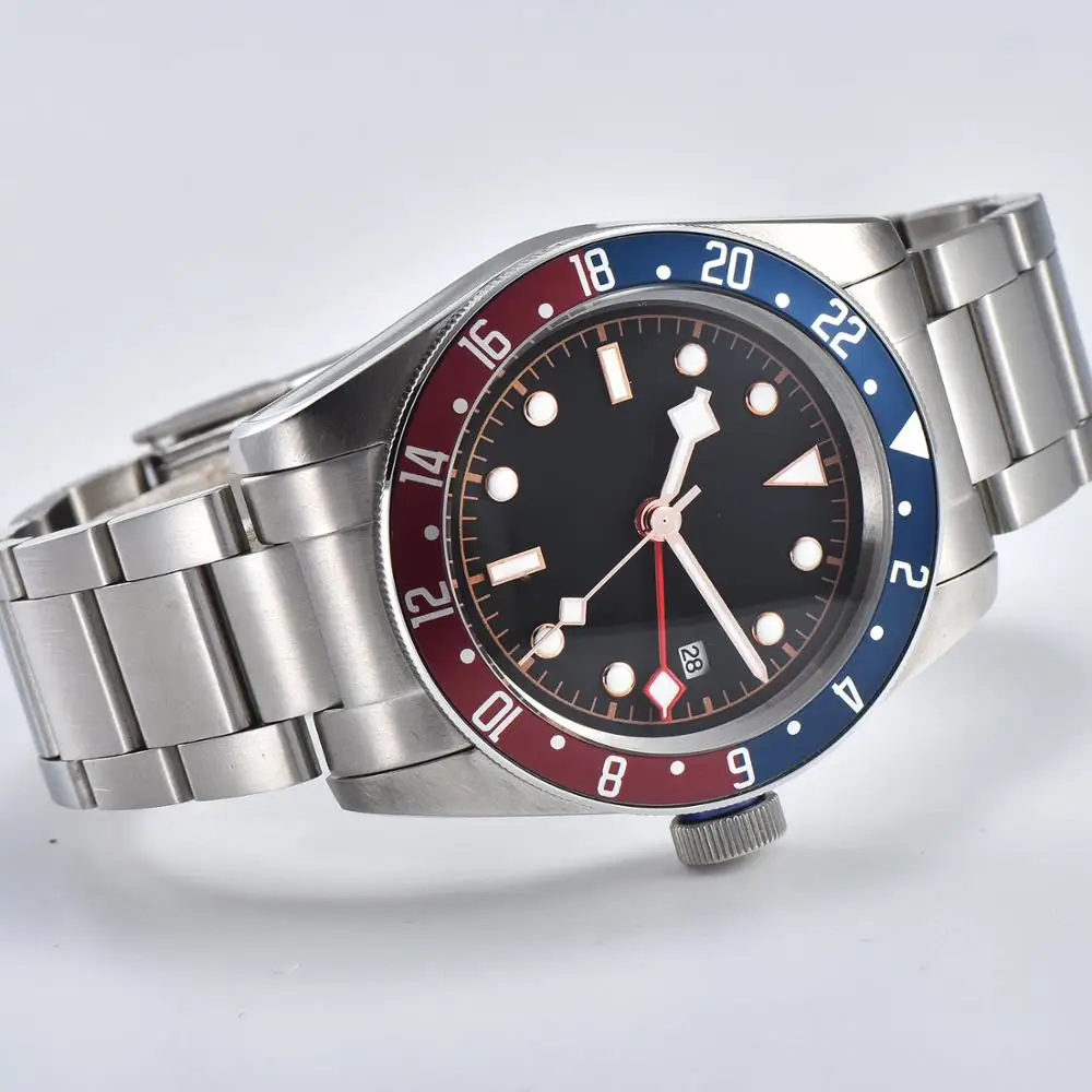 Часы Автоматические 41 мм механизм мужские синий красный ободок минеральное