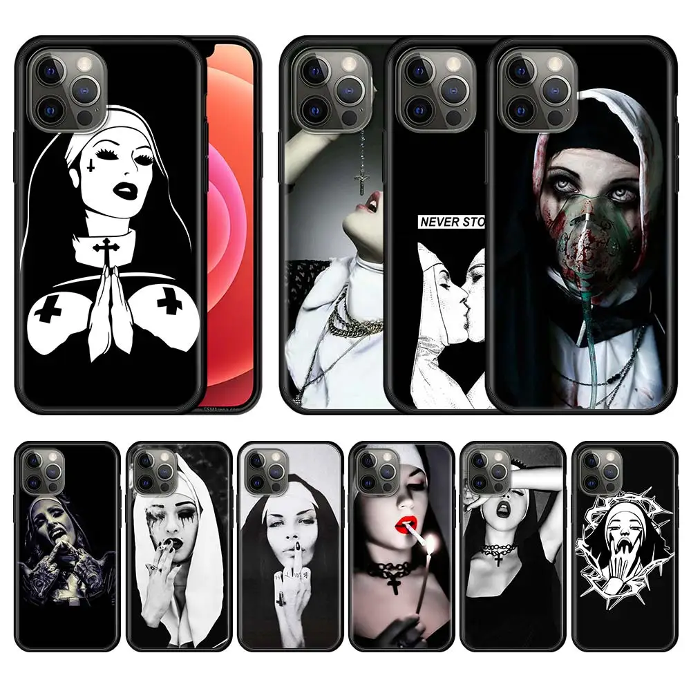 

Soft Phone Case for Apple iPhone 11 12 Pro Max 7 8 Plus 13 Mini XR X XS Black Coques 6S Cover Funda Sister Style Nun Sexy Girl