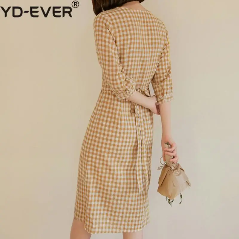 Женское платье миди в клетку винтажное из хлопка и льна с v образным вырезом Vestido